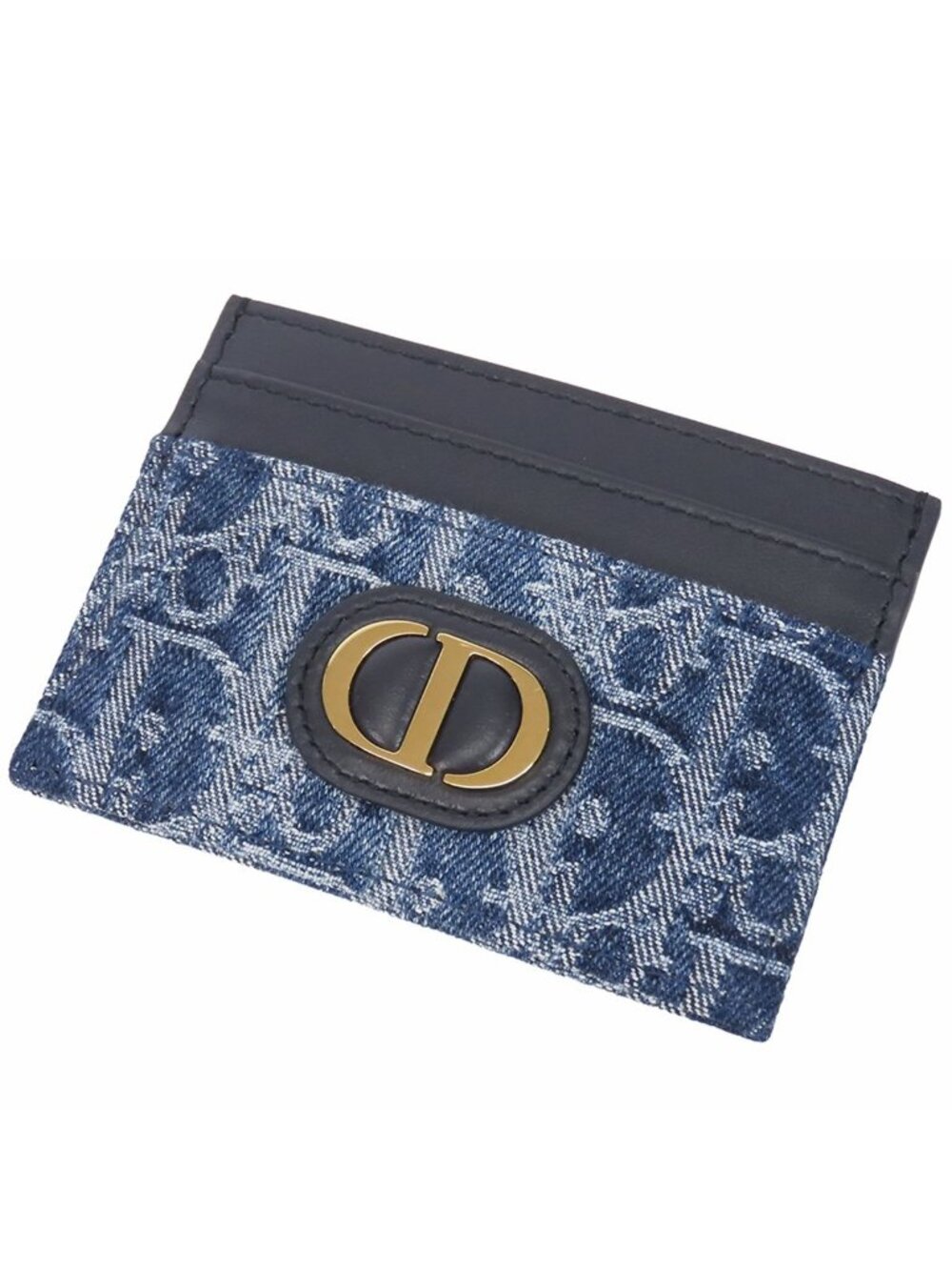 Dior 30 Montaigne Navy Denim Leather Small Freesia Oblique Card Case Handbag